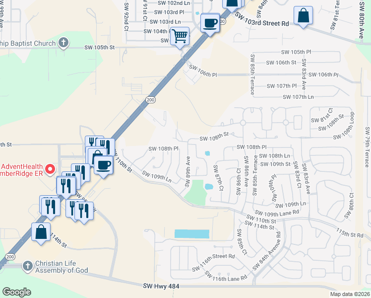 map of restaurants, bars, coffee shops, grocery stores, and more near 10816 Southwest 89th Avenue in Ocala