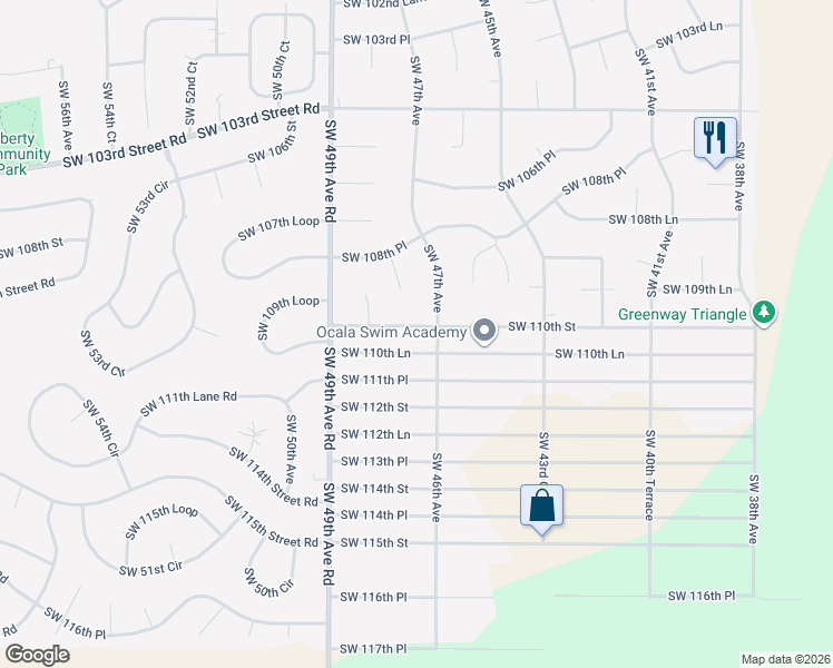 map of restaurants, bars, coffee shops, grocery stores, and more near 4730 Southwest 110th Street in Ocala