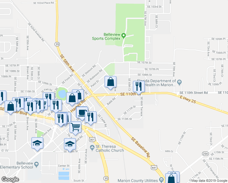 map of restaurants, bars, coffee shops, grocery stores, and more near 6345 Southeast 110th Street in Belleview