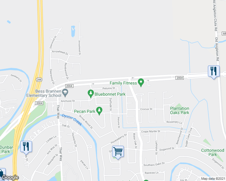 map of restaurants, bars, coffee shops, grocery stores, and more near 528 Daffodil Street in Lake Jackson