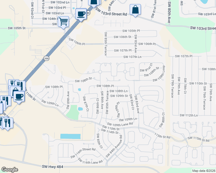 map of restaurants, bars, coffee shops, grocery stores, and more near 8588 Southwest 108th Place in Ocala
