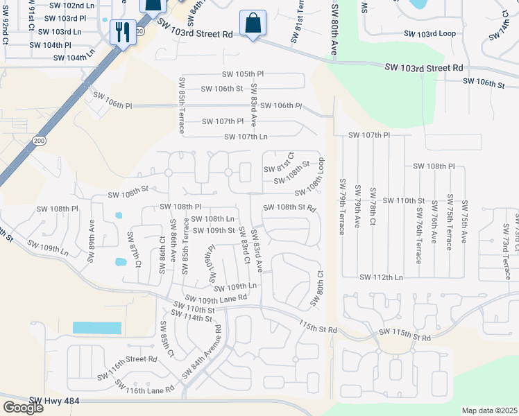 map of restaurants, bars, coffee shops, grocery stores, and more near 8251 Southwest 108th Street Road in Ocala