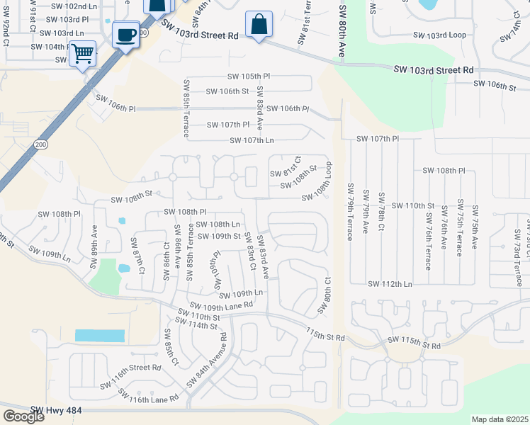map of restaurants, bars, coffee shops, grocery stores, and more near 8251 Southwest 108th Street Road in Ocala
