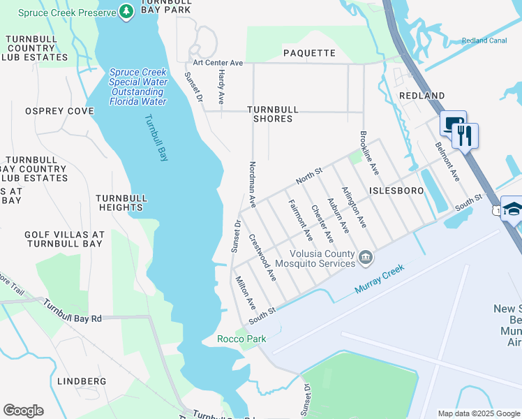 map of restaurants, bars, coffee shops, grocery stores, and more near 2630 Nordman Avenue in New Smyrna Beach