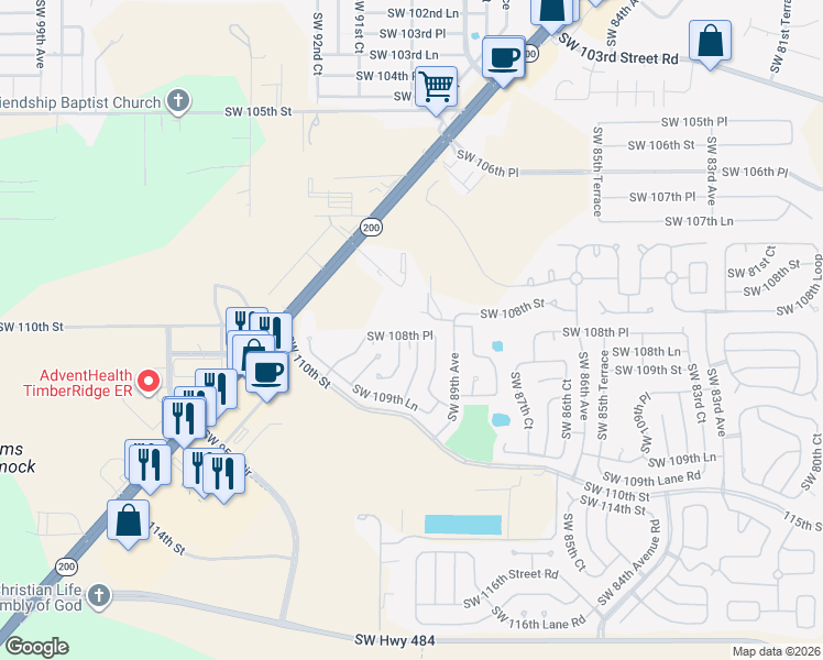 map of restaurants, bars, coffee shops, grocery stores, and more near 9015 Southwest 108th Place in Ocala