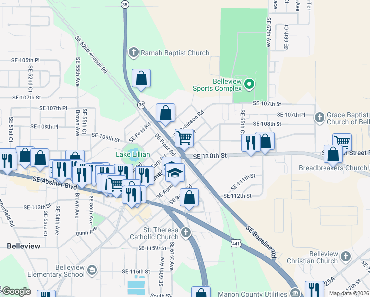 map of restaurants, bars, coffee shops, grocery stores, and more near 6137 Southeast Hames Road in Belleview
