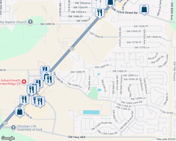 map of restaurants, bars, coffee shops, grocery stores, and more near 10816 Southwest 89th Avenue in Ocala