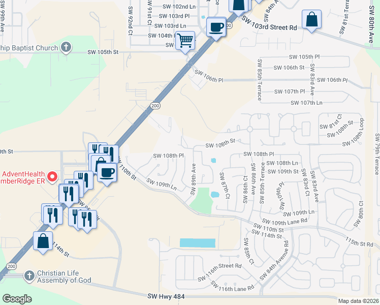 map of restaurants, bars, coffee shops, grocery stores, and more near 10816 Southwest 89th Avenue in Ocala