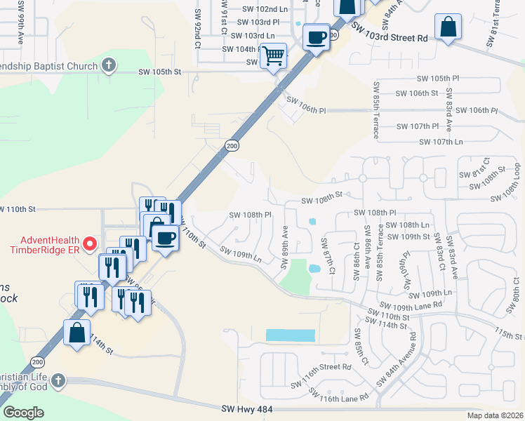 map of restaurants, bars, coffee shops, grocery stores, and more near 9015 Southwest 108th Place in Ocala