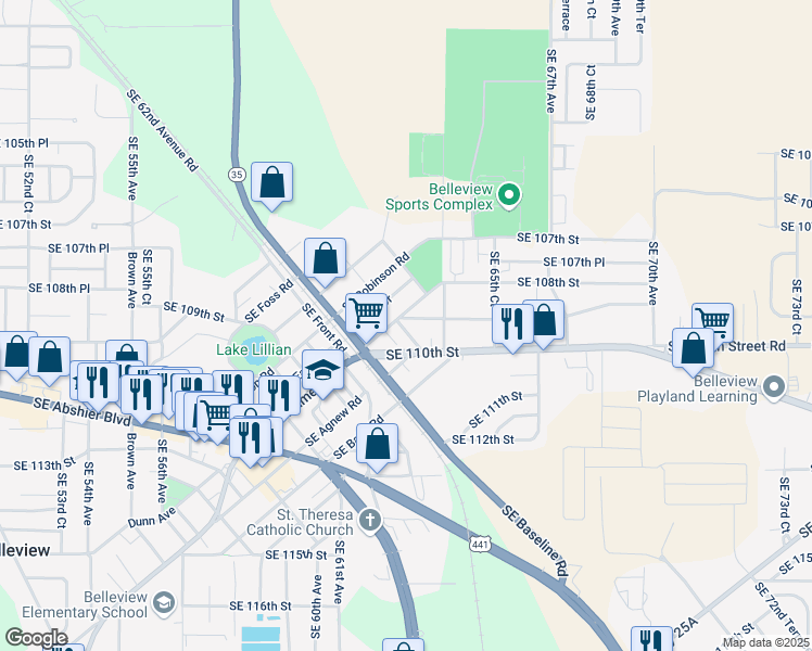 map of restaurants, bars, coffee shops, grocery stores, and more near 6220 Southeast Hames Road in Belleview
