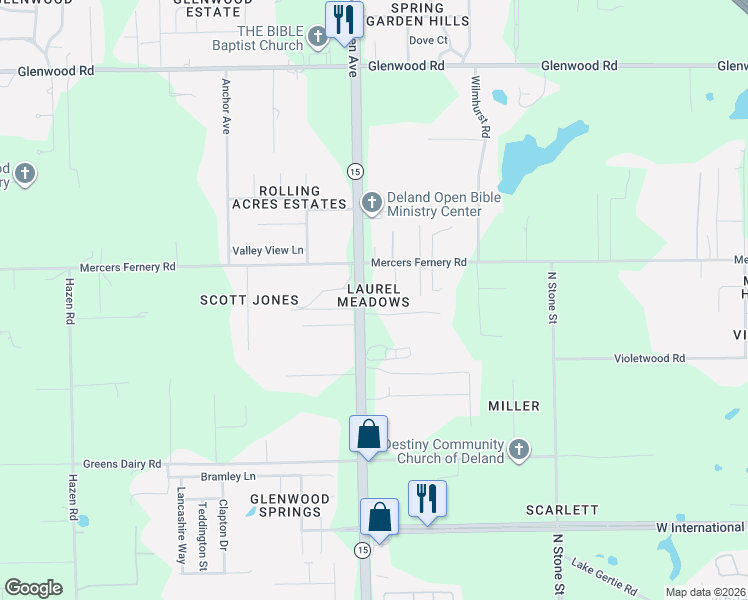 map of restaurants, bars, coffee shops, grocery stores, and more near 1010 Cedar Ridge Lane in DeLand