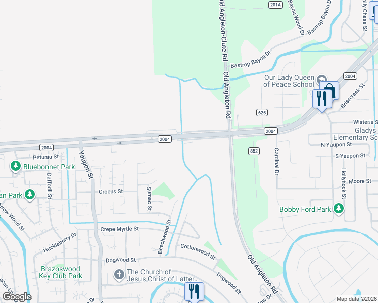 map of restaurants, bars, coffee shops, grocery stores, and more near 125 FM 2004 in Lake Jackson