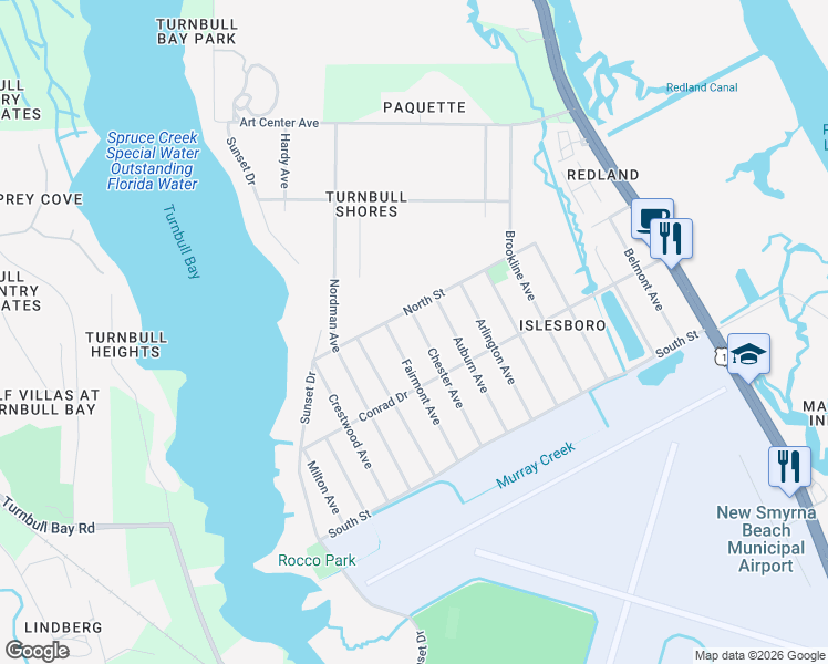 map of restaurants, bars, coffee shops, grocery stores, and more near 901 North Street in New Smyrna Beach