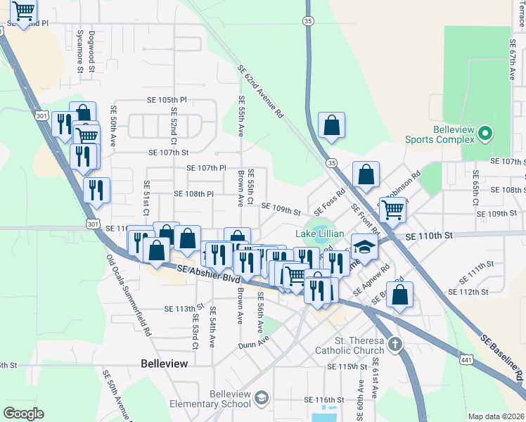 map of restaurants, bars, coffee shops, grocery stores, and more near 10903 Southeast 56th Avenue in Belleview