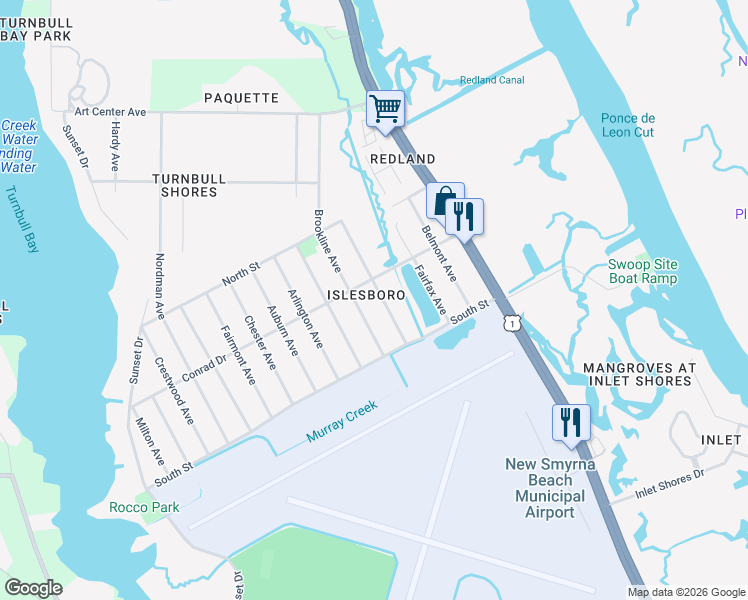 map of restaurants, bars, coffee shops, grocery stores, and more near 2570 Edgewater Avenue in New Smyrna Beach