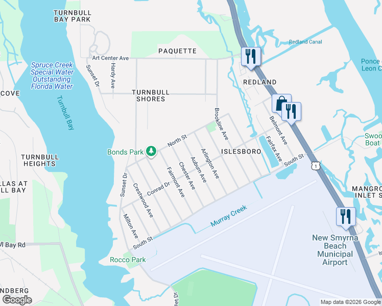 map of restaurants, bars, coffee shops, grocery stores, and more near 2647 Auburn Avenue in New Smyrna Beach