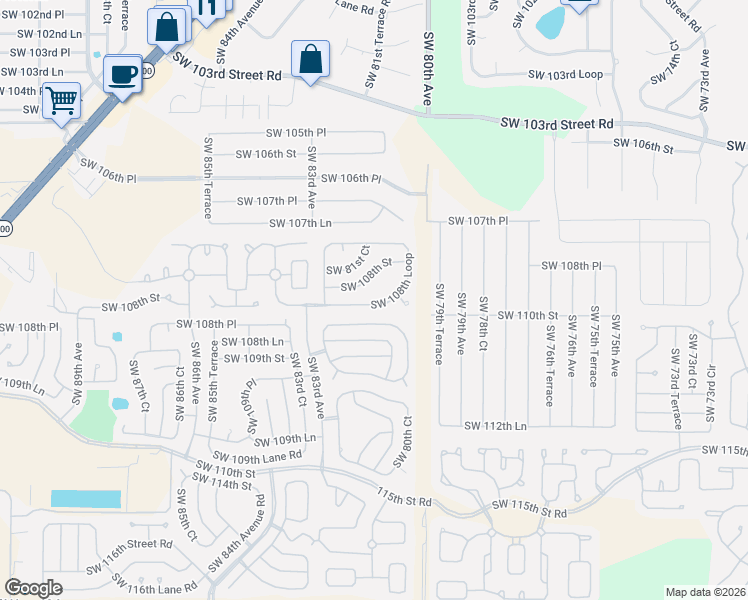 map of restaurants, bars, coffee shops, grocery stores, and more near 8054 Southwest 108th Loop in Ocala