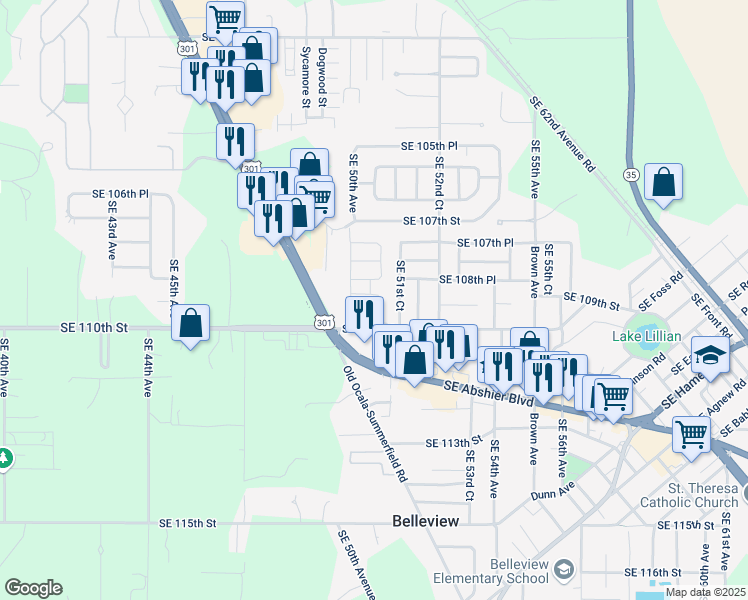 map of restaurants, bars, coffee shops, grocery stores, and more near 10840 Southeast 50th Terrace in Belleview