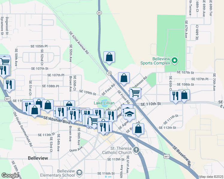 map of restaurants, bars, coffee shops, grocery stores, and more near 5918 Southeast Foss Road in Belleview