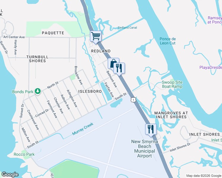 map of restaurants, bars, coffee shops, grocery stores, and more near 2537 Fairfax Avenue in New Smyrna Beach