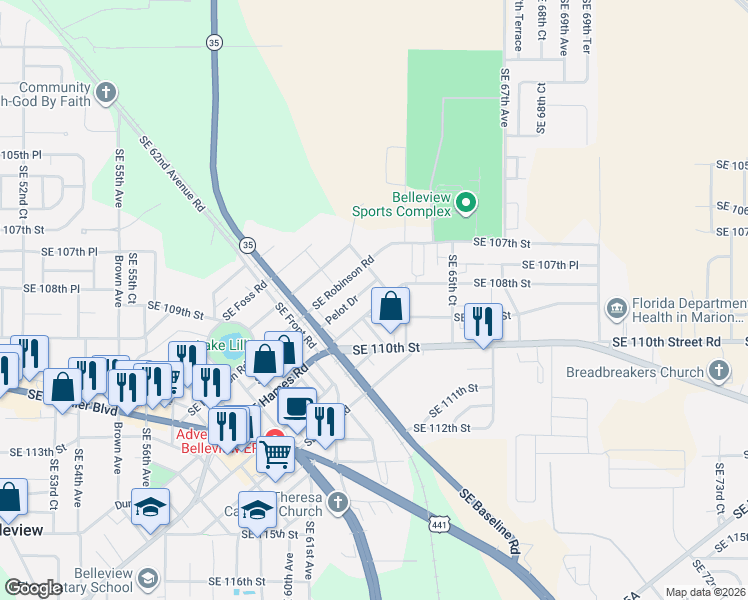 map of restaurants, bars, coffee shops, grocery stores, and more near 6242 Southeast Earp Road in Belleview