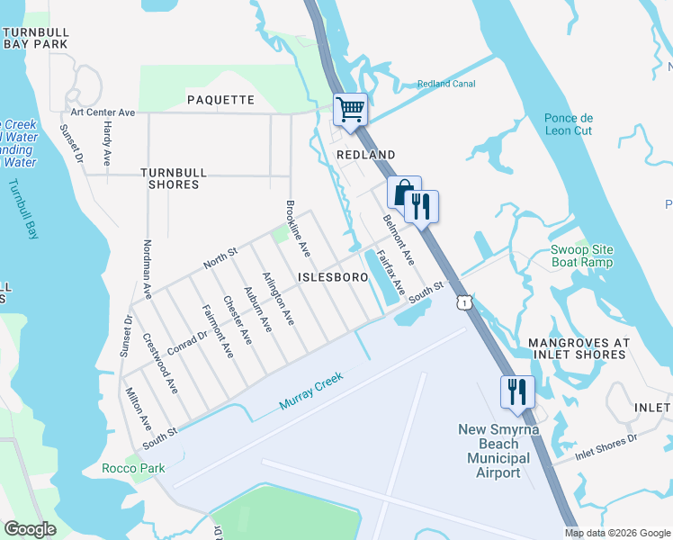 map of restaurants, bars, coffee shops, grocery stores, and more near 2570 Edgewater Avenue in New Smyrna Beach
