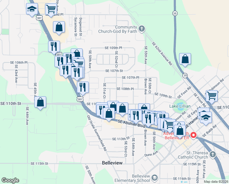 map of restaurants, bars, coffee shops, grocery stores, and more near 10840 SE 52nd Ct in Belleview