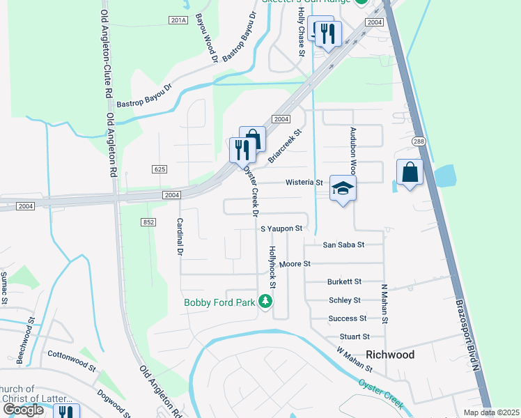 map of restaurants, bars, coffee shops, grocery stores, and more near 422 North Yaupon Street in Richwood