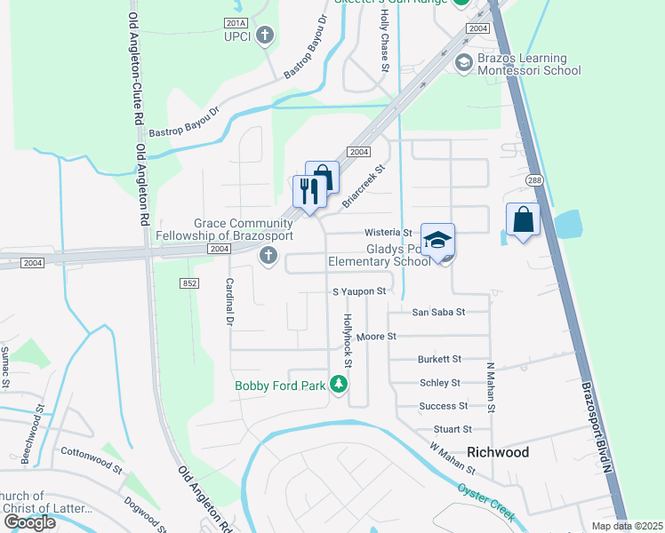 map of restaurants, bars, coffee shops, grocery stores, and more near 422 North Yaupon Street in Richwood