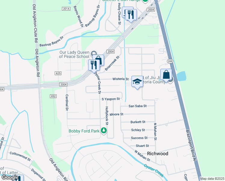 map of restaurants, bars, coffee shops, grocery stores, and more near 402 North Yaupon Street in Richwood