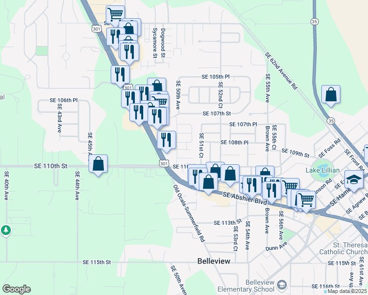 map of restaurants, bars, coffee shops, grocery stores, and more near 10840 Southeast 50th Terrace in Belleview