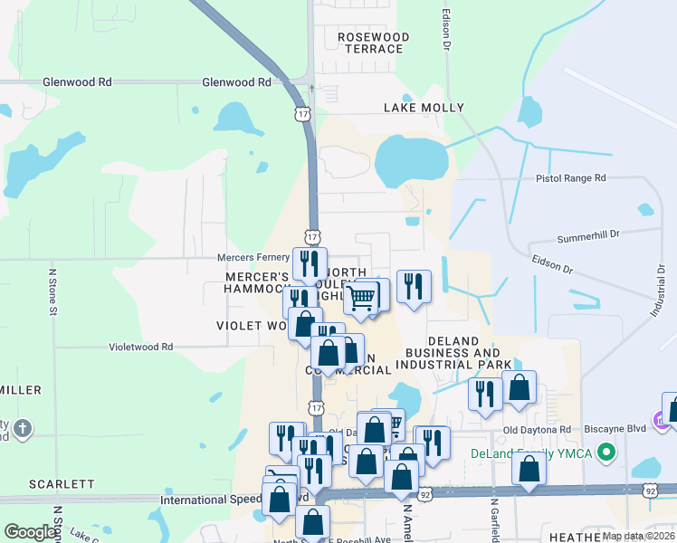 map of restaurants, bars, coffee shops, grocery stores, and more near 137 Mohawk Avenue in DeLand