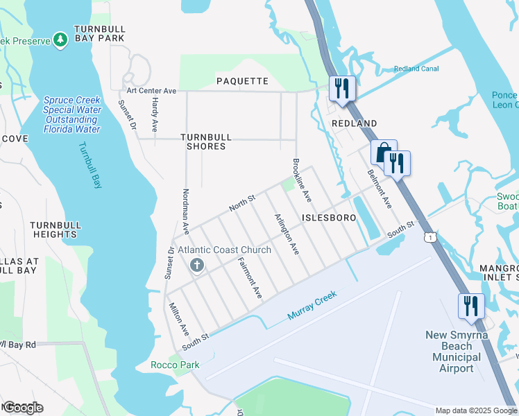 map of restaurants, bars, coffee shops, grocery stores, and more near 2647 Auburn Avenue in New Smyrna Beach