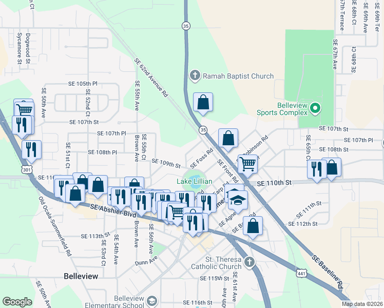 map of restaurants, bars, coffee shops, grocery stores, and more near 5814 Southeast Drew Road in Belleview