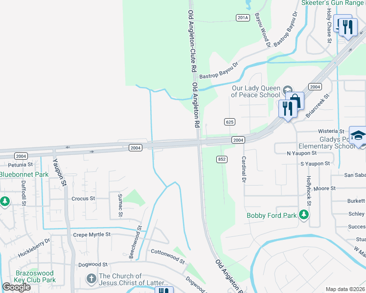 map of restaurants, bars, coffee shops, grocery stores, and more near 125 FM 2004 in Lake Jackson