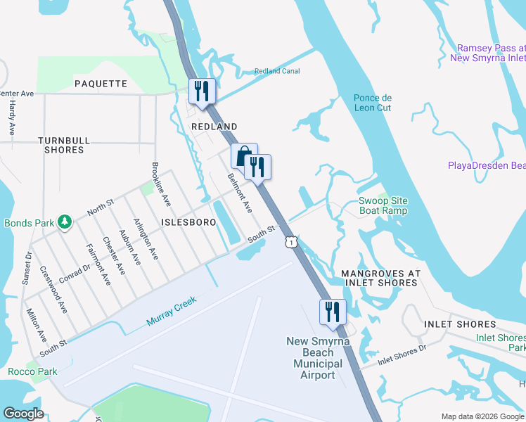 map of restaurants, bars, coffee shops, grocery stores, and more near 2510 North Dixie Freeway in New Smyrna Beach