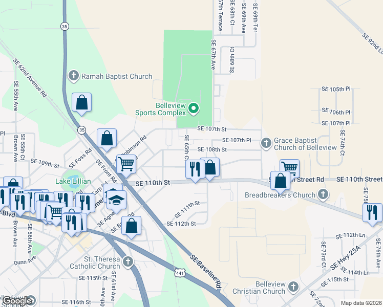 map of restaurants, bars, coffee shops, grocery stores, and more near 10811 Southeast 65th Court in Belleview