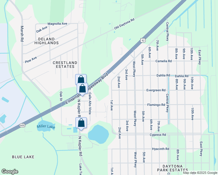 map of restaurants, bars, coffee shops, grocery stores, and more near 2030 1st Avenue in DeLand