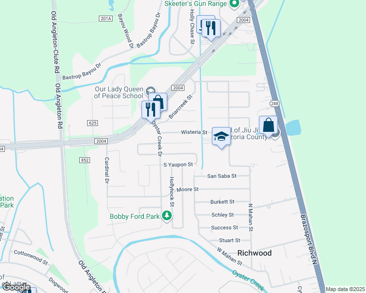 map of restaurants, bars, coffee shops, grocery stores, and more near 402 North Yaupon Street in Richwood