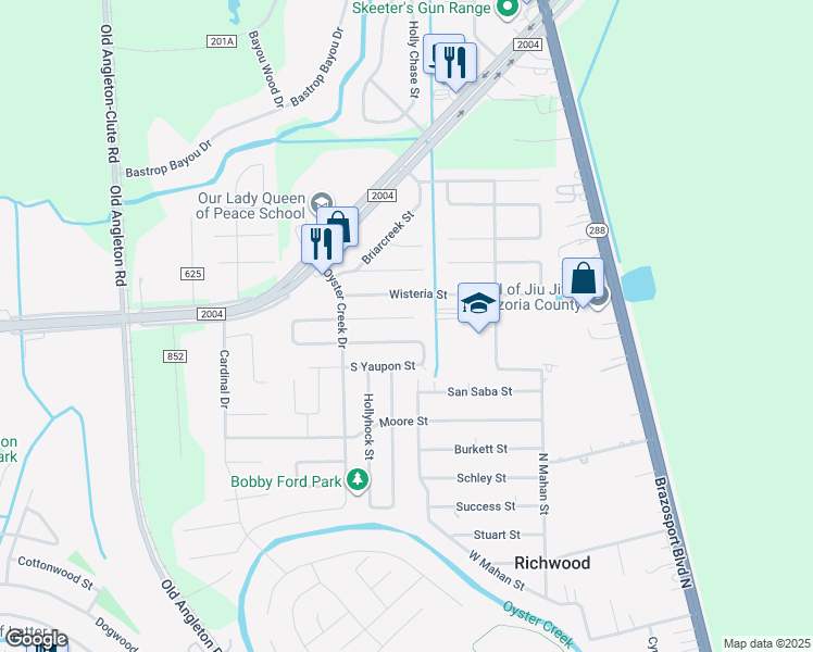 map of restaurants, bars, coffee shops, grocery stores, and more near 310 North Yaupon Street in Richwood