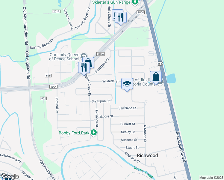 map of restaurants, bars, coffee shops, grocery stores, and more near 310 North Yaupon Street in Richwood