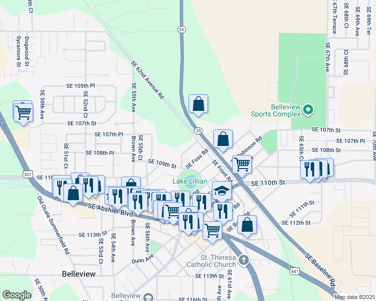 map of restaurants, bars, coffee shops, grocery stores, and more near 5814 Southeast Drew Road in Belleview