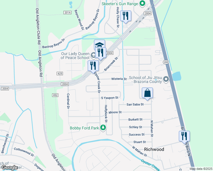 map of restaurants, bars, coffee shops, grocery stores, and more near 402 North Yaupon Street in Richwood