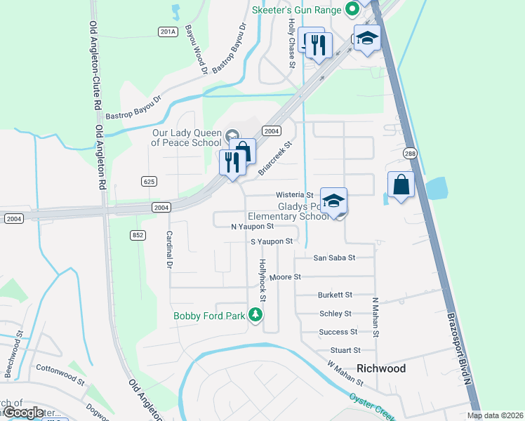 map of restaurants, bars, coffee shops, grocery stores, and more near 402 North Yaupon Street in Richwood