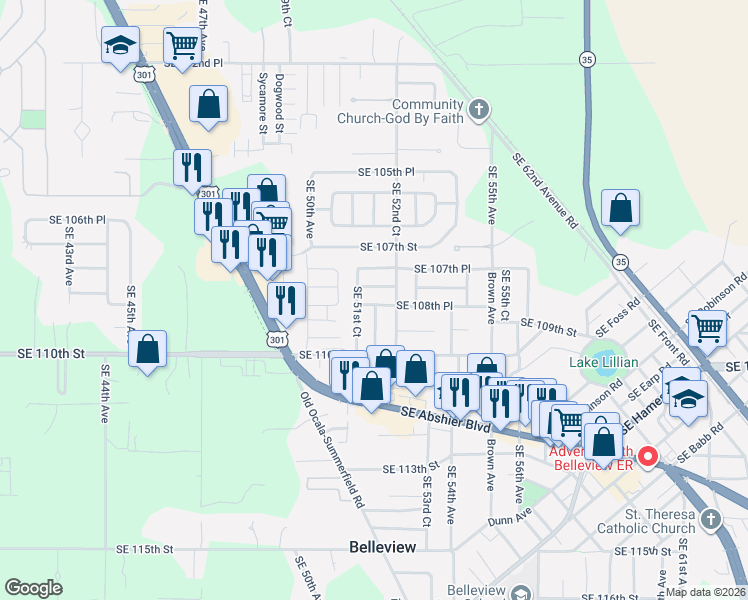 map of restaurants, bars, coffee shops, grocery stores, and more near 10840 Southeast 52nd Court in Belleview
