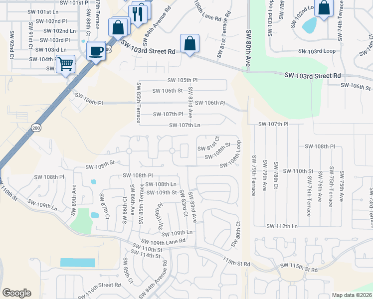 map of restaurants, bars, coffee shops, grocery stores, and more near 8285 Southwest 108th Loop in Ocala