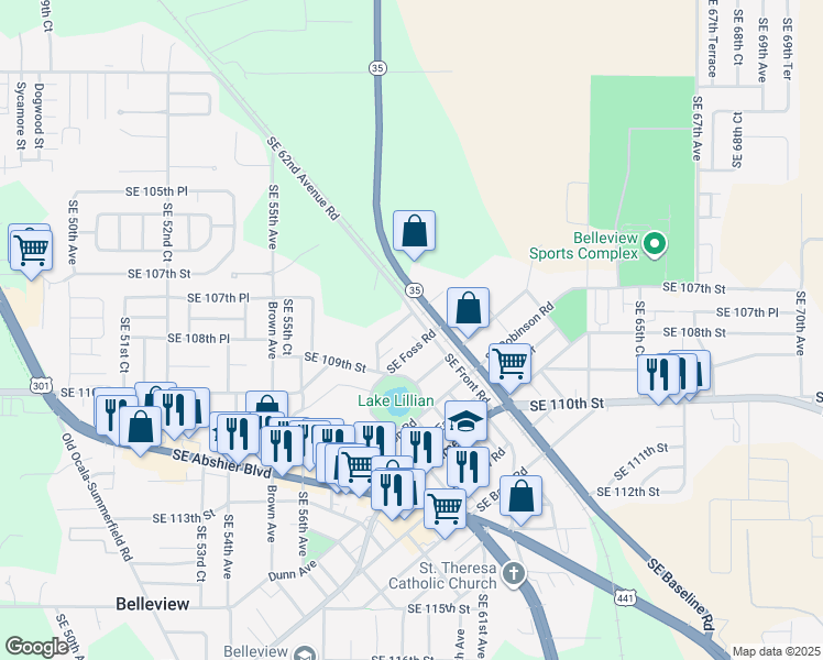 map of restaurants, bars, coffee shops, grocery stores, and more near 5918 Southeast Foss Road in Belleview
