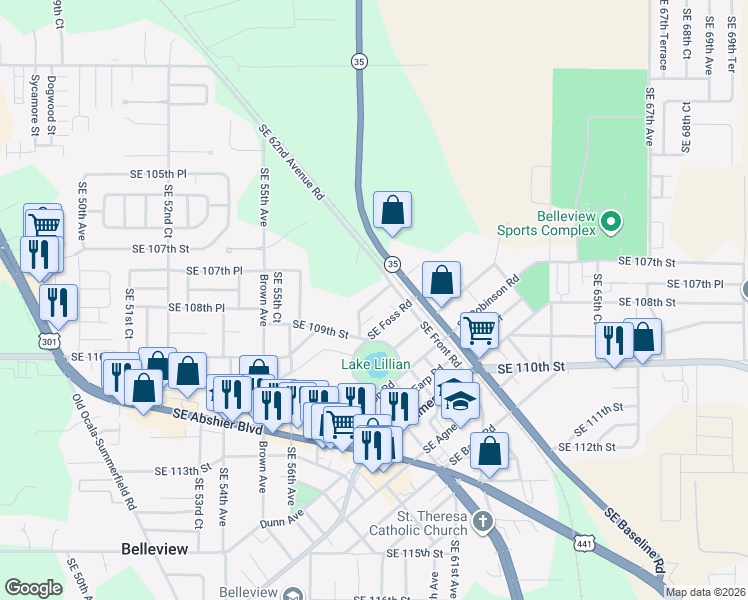 map of restaurants, bars, coffee shops, grocery stores, and more near 5814 Southeast Drew Road in Belleview