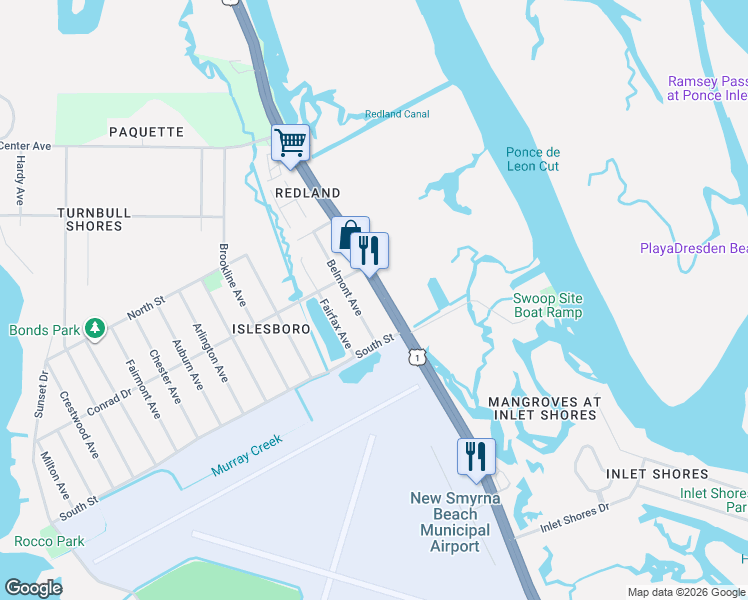 map of restaurants, bars, coffee shops, grocery stores, and more near 2510 North Dixie Freeway in New Smyrna Beach