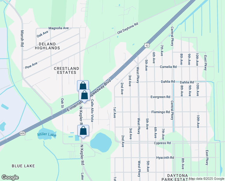 map of restaurants, bars, coffee shops, grocery stores, and more near 2030 1st Avenue in DeLand